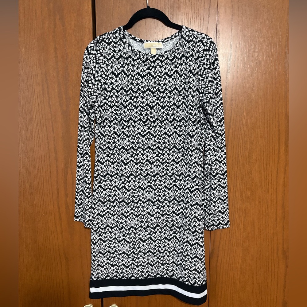 Michael Kors Black & White Long Sleeve Polyester Elastic Shift Dress Size Small